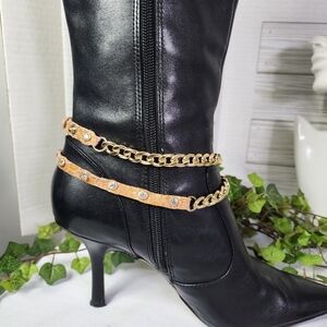 Gold Cuban Link Chain and Camel Color Leather Boot Ankle Bracelet